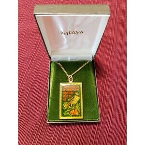 Vintage Antaya Christmas Stamp Solid Brass Pendant Necklace Jewelry Original Box